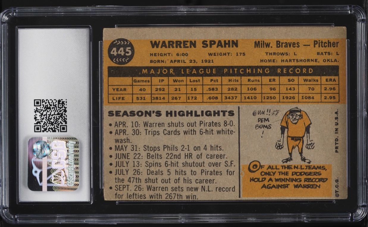 1960 Topps Warren Spahn #445 CSG 4 VGEX
