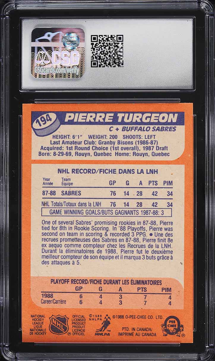1988 O-Pee-Chee Hockey Pierre Turgeon ROOKIE #194 CSG 8 NM-MT