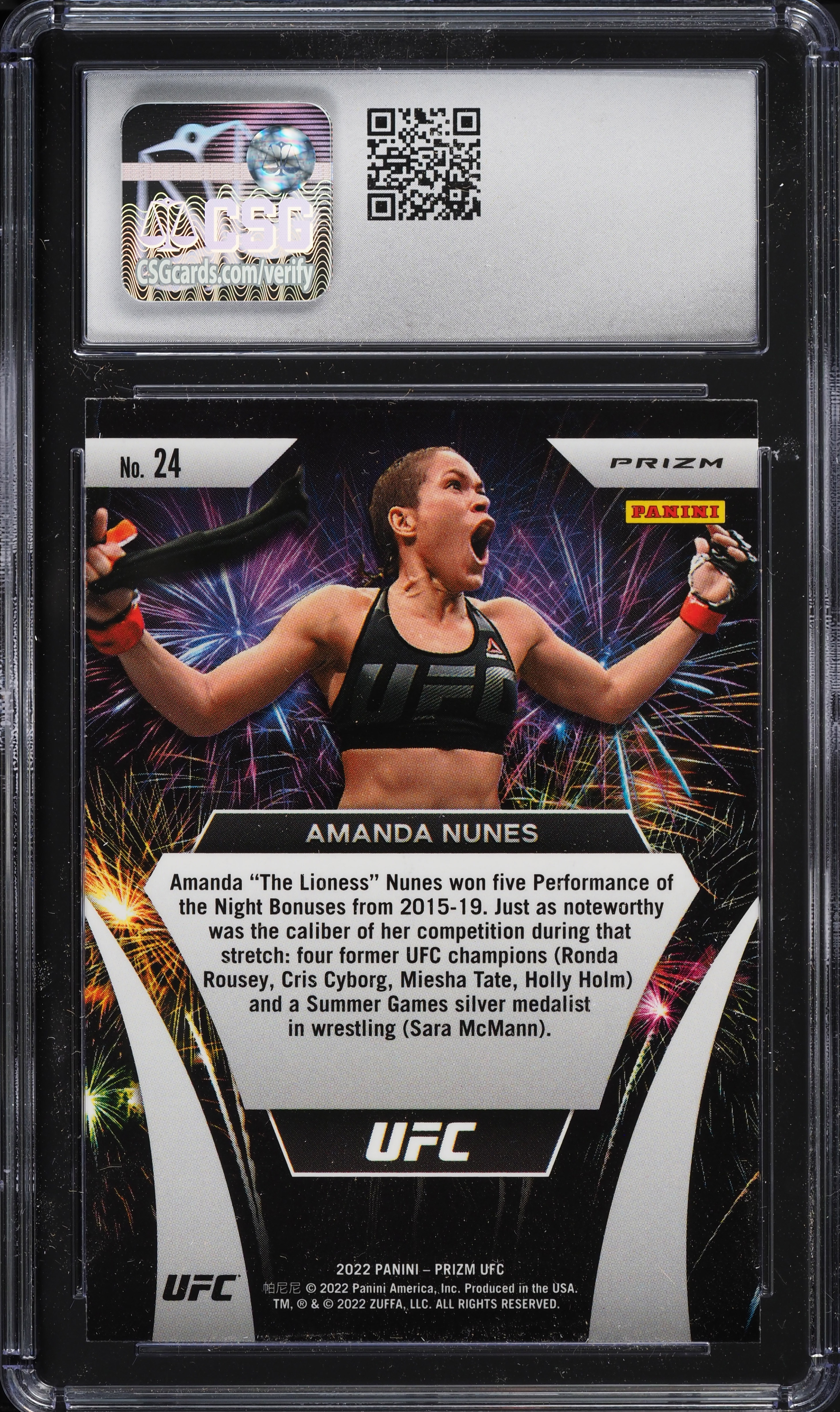 2022 Panini Prizm UFC Fireworks Green Amanda Nunes #24 CSG 9 MINT