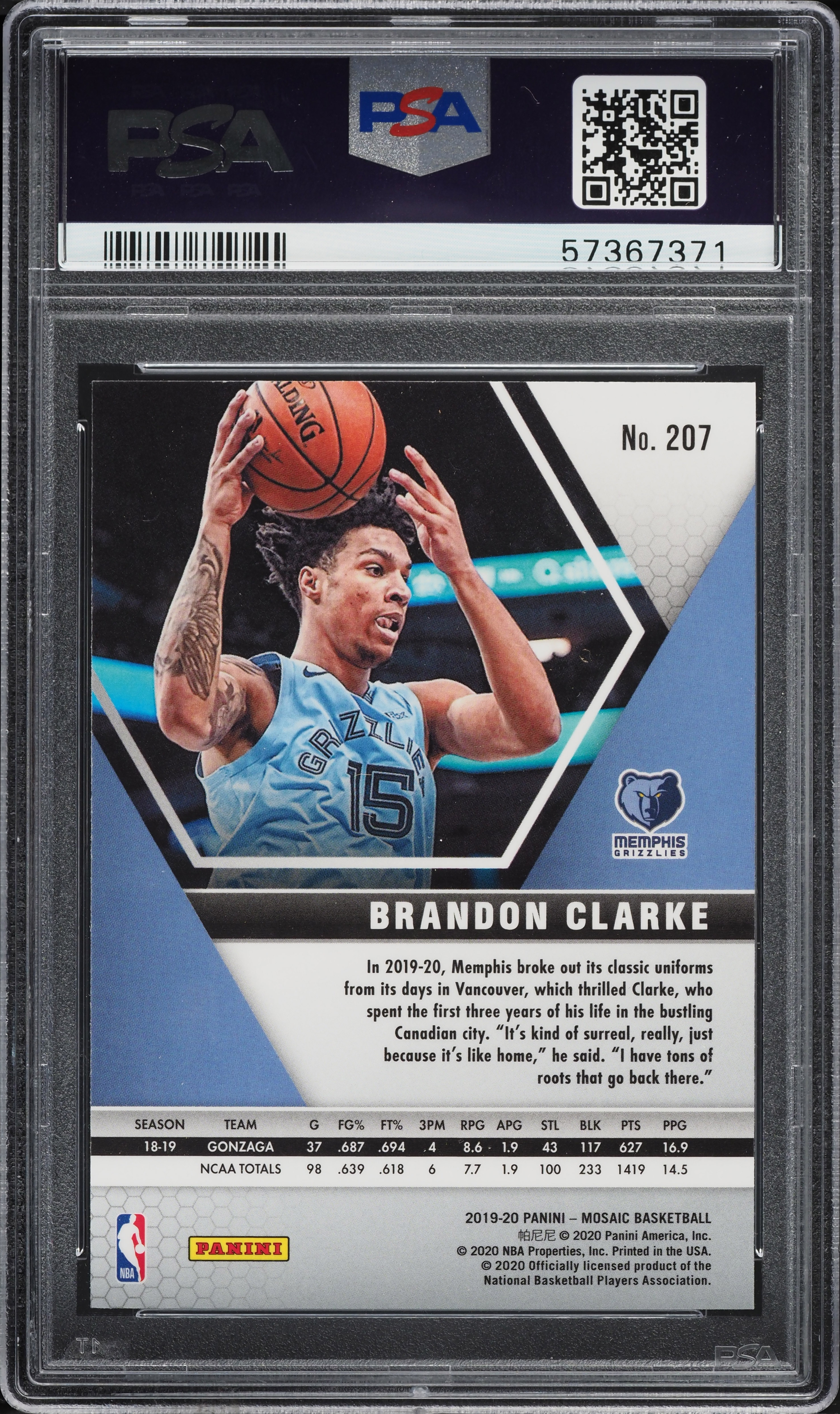 2019 Panini Mosaic Brandon Clarke ROOKIE #207 PSA 10 GEM MINT on