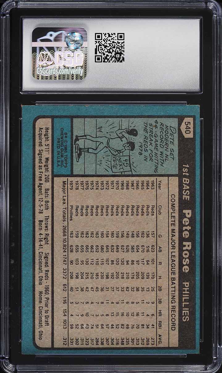1980 Topps Pete Rose #540 CSG 7.5 NRMT+