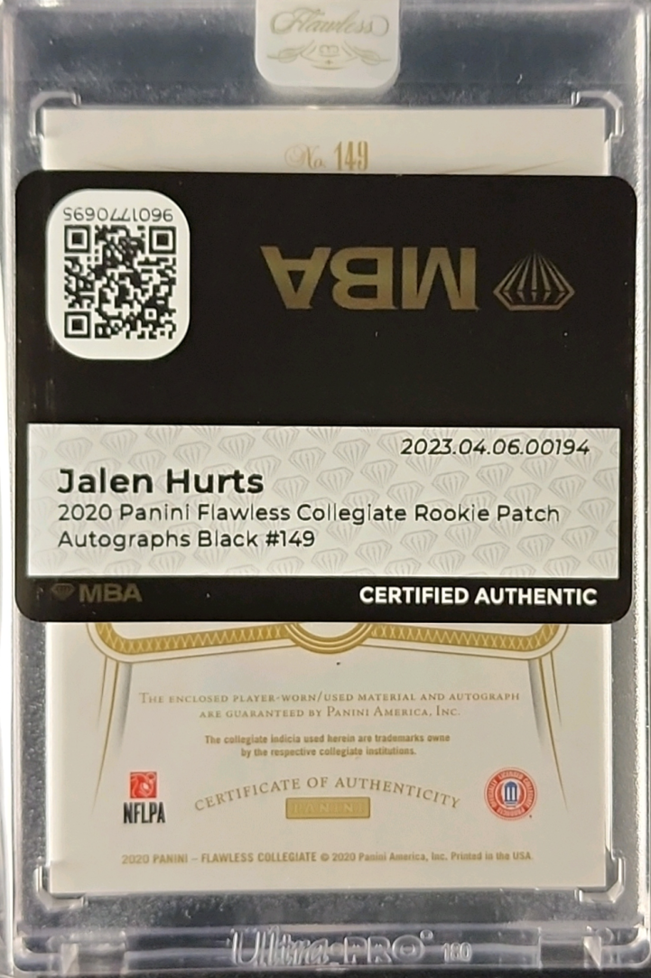 2020 Panini Flawless Collegiate Black Jalen Hurts ROOKIE PATCH AUTO 1/1 MBA AUTH