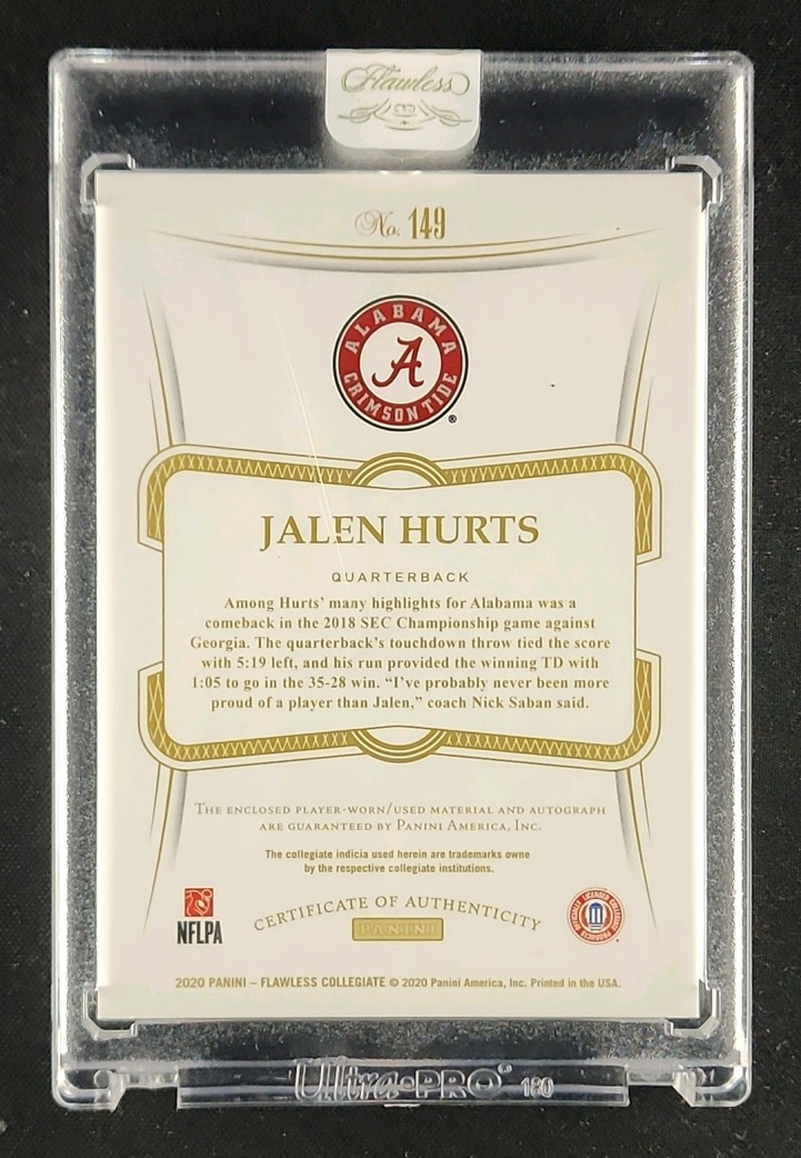 2020 Panini Flawless Collegiate Black Jalen Hurts ROOKIE PATCH AUTO 1/1 MBA AUTH