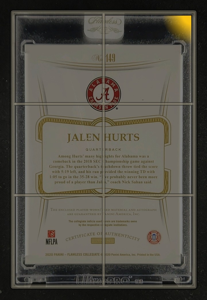2020 Panini Flawless Collegiate Black Jalen Hurts ROOKIE PATCH AUTO 1/1 MBA AUTH