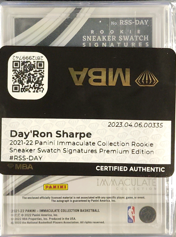 2021 Immaculate Sneaker Swatch Day'Ron Sharpe ROOKIE PATCH AUTO /25 MBA AUTH