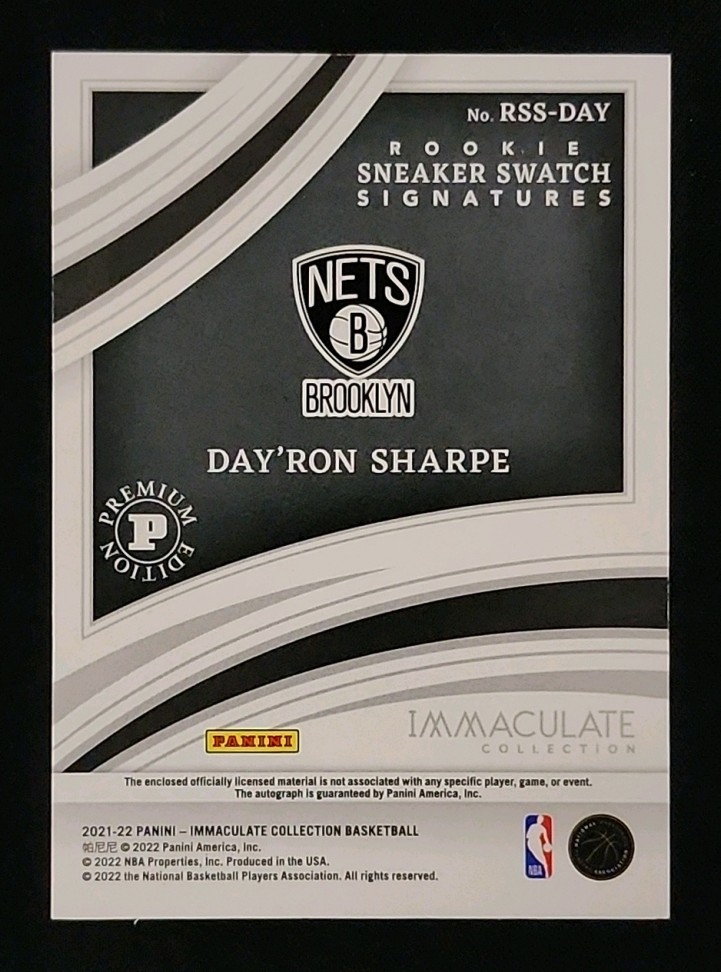 2021 Immaculate Sneaker Swatch Day'Ron Sharpe ROOKIE PATCH AUTO /25 MBA AUTH