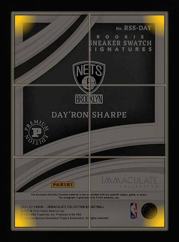 2021 Immaculate Sneaker Swatch Day'Ron Sharpe ROOKIE PATCH AUTO /25 MBA AUTH