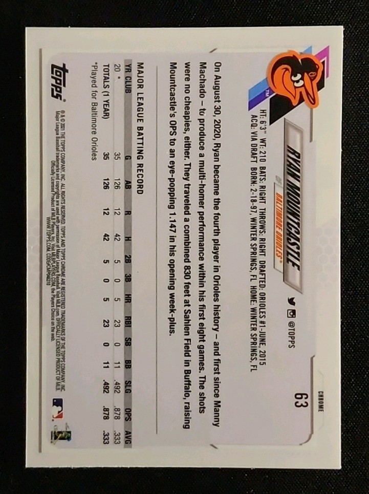 2021 Topps Chrome Xfractor Ryan Mountcastle ROOKIE #63 MBA AUTH on