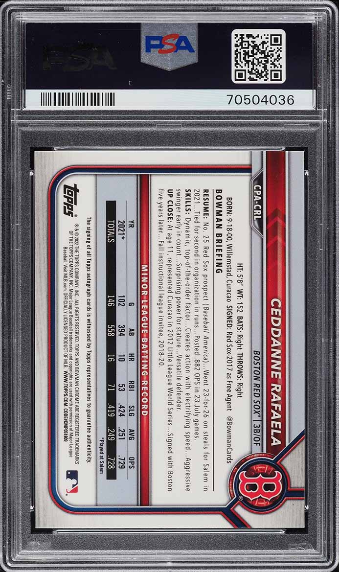 2022 Bowman Chrome Purple Refractor Ceddanne Rafaela ROOKIE AUTO /250 PSA 9 MINT