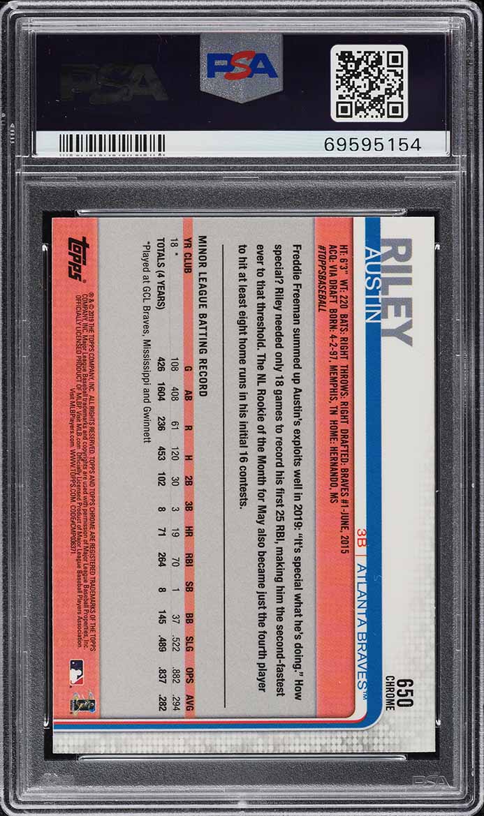 2019 Topps Chrome Sapphire Edition Austin Riley ROOKIE #650 PSA 10 GEM MINT