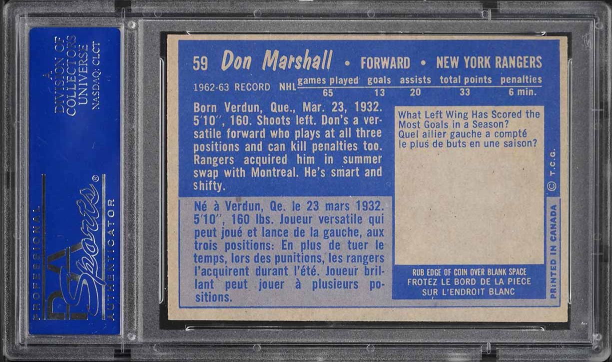 1963 Topps Hockey Don Marshall #59 PSA 8 NM-MT