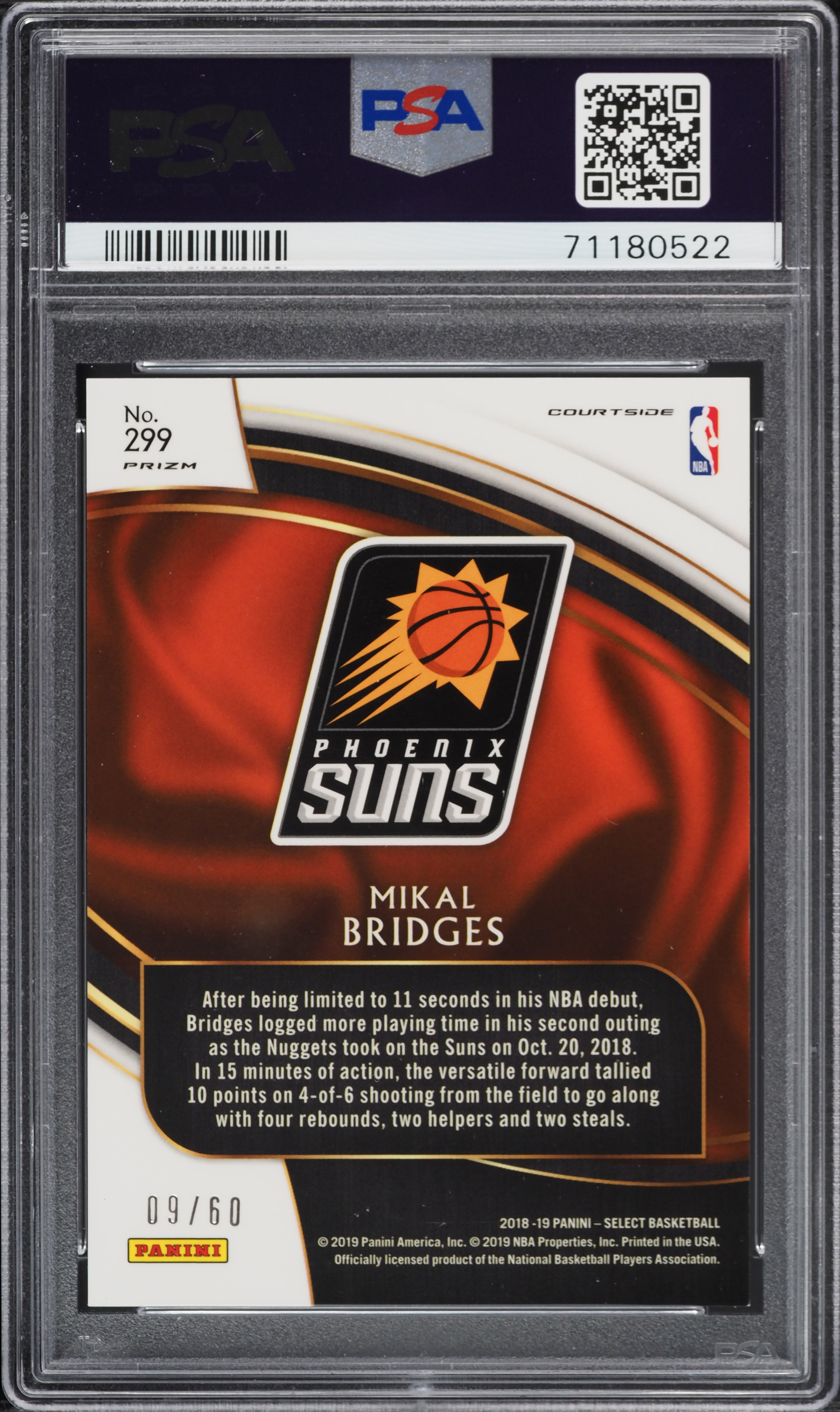 2018 Select Courtside Copper Prizm Mikal Bridges ROOKIE /60 #299