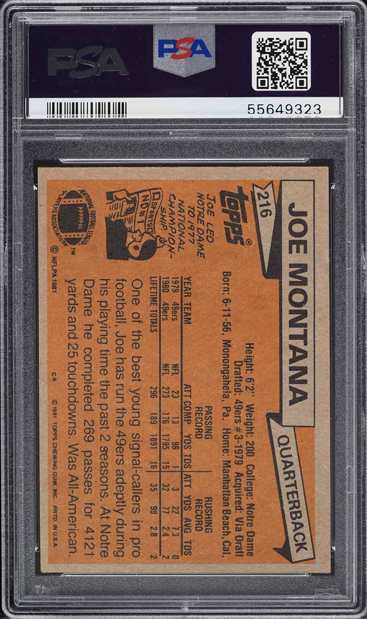 1981 Topps Football Joe Montana ROOKIE #216 PSA 7 NRMT
