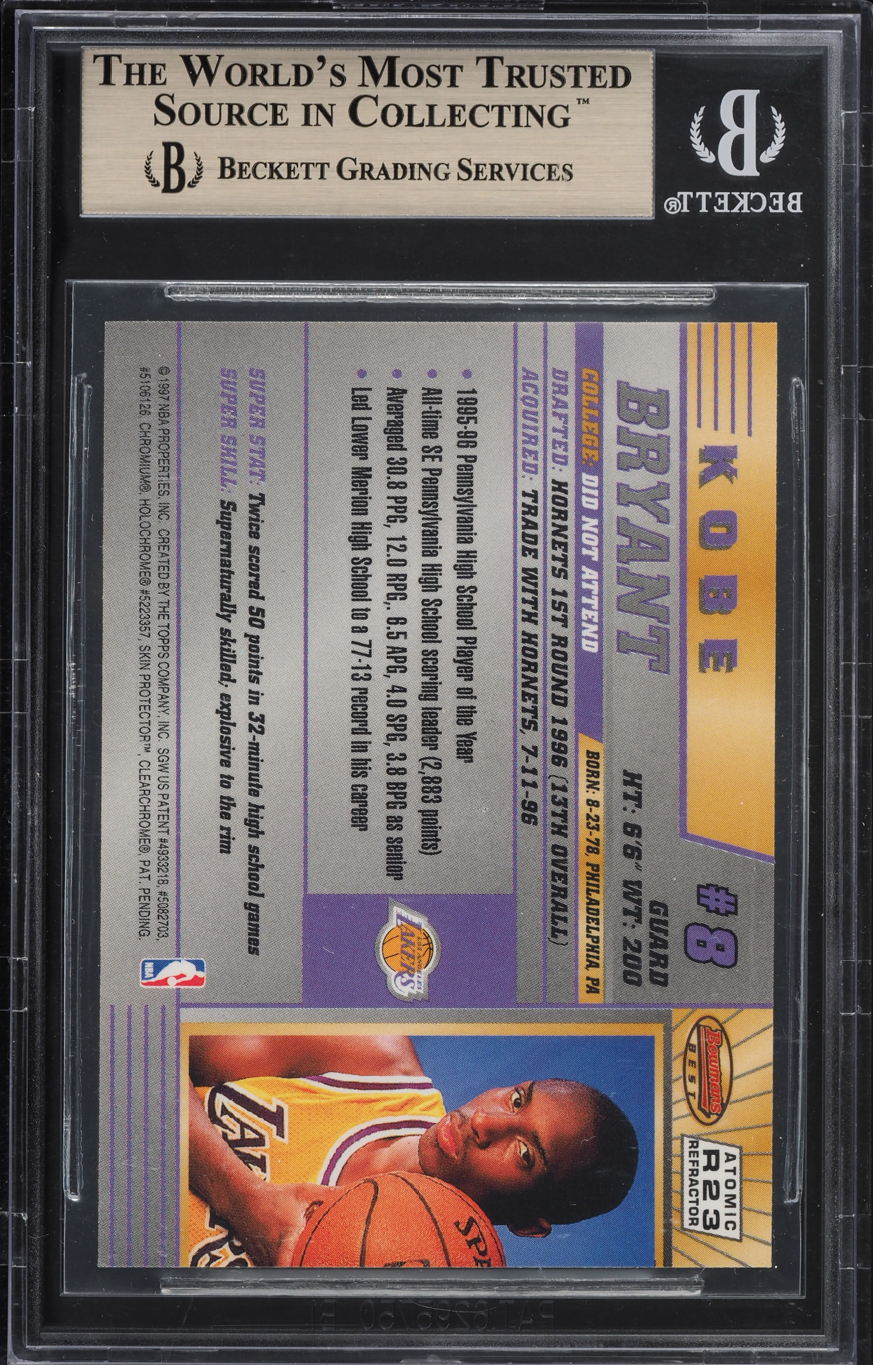 1996 Bowman's Best Atomic Refractor Kobe Bryant ROOKIE #R23 BGS 10