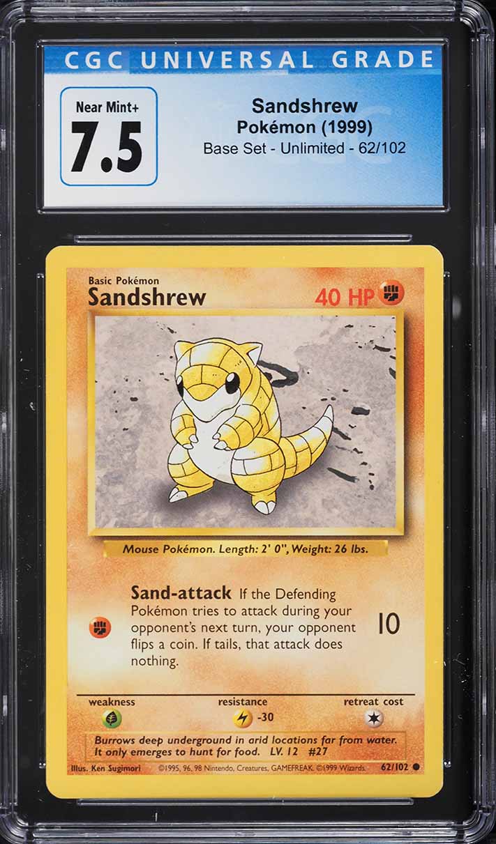 1999 Pokemon Base Set Shadowless Sandshrew #62 CGC 4.5 VGEX+ on