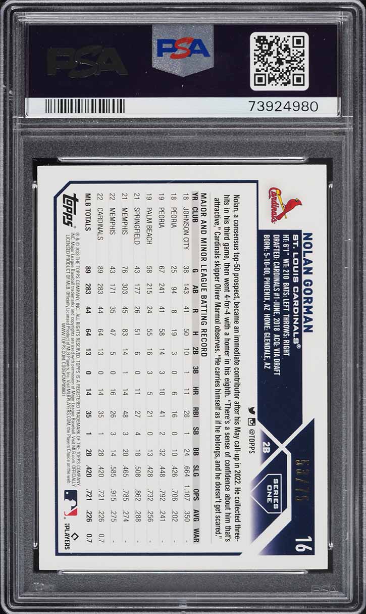 2023 Topps 1st Edition Orange Foil Nolan Gorman ROOKIE /75 #16 PSA 10 GEM MINT