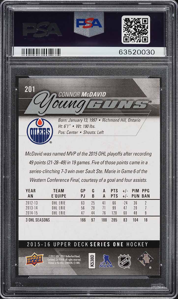 2015 Upper Deck Young Guns Connor McDavid ROOKIE #201 PSA 10 GEM MINT