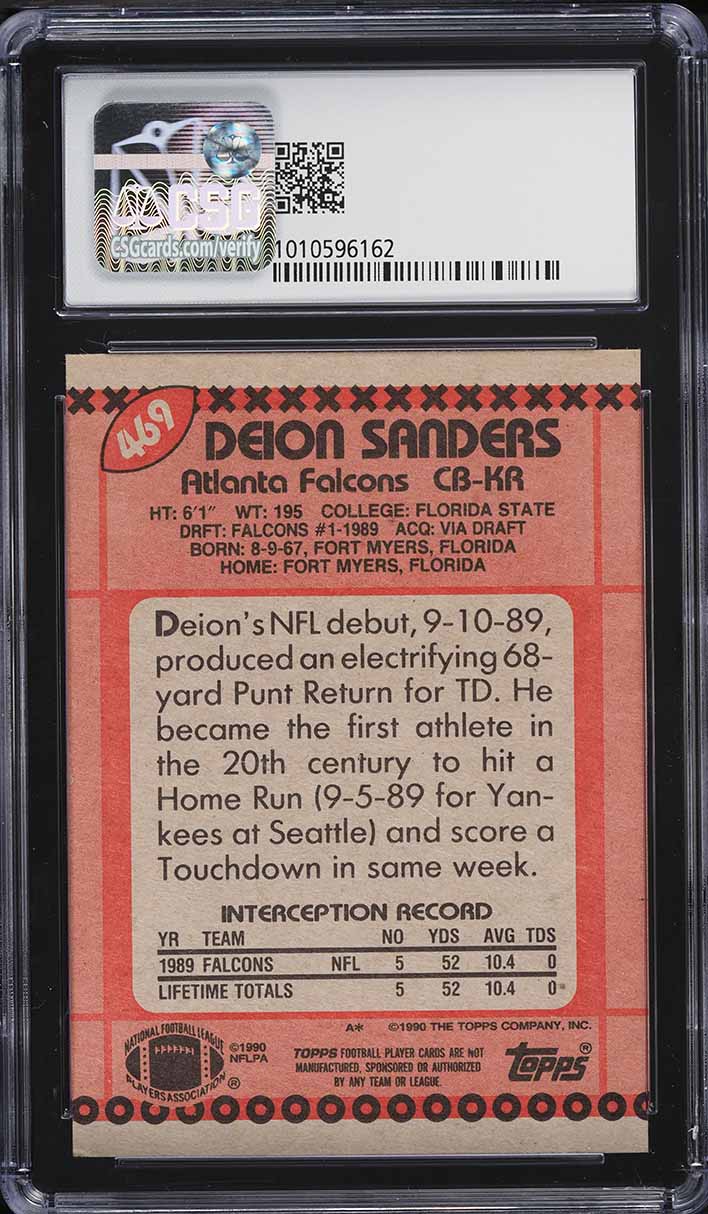 1990 Topps Football Deion Sanders DISCLAIMER BACK #469 CSG 8 NM-MT