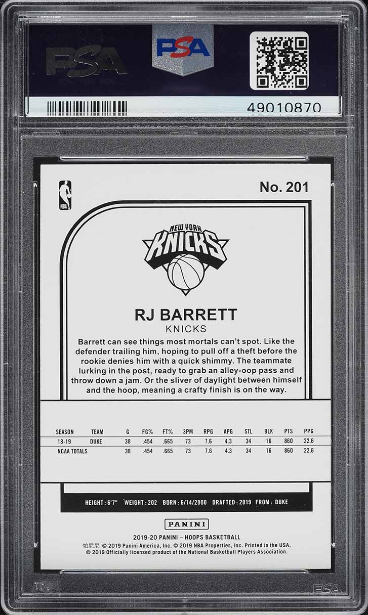 2019 Hoops RJ Barrett ROOKIE #201 PSA 9 MINT on Fanatics Collect