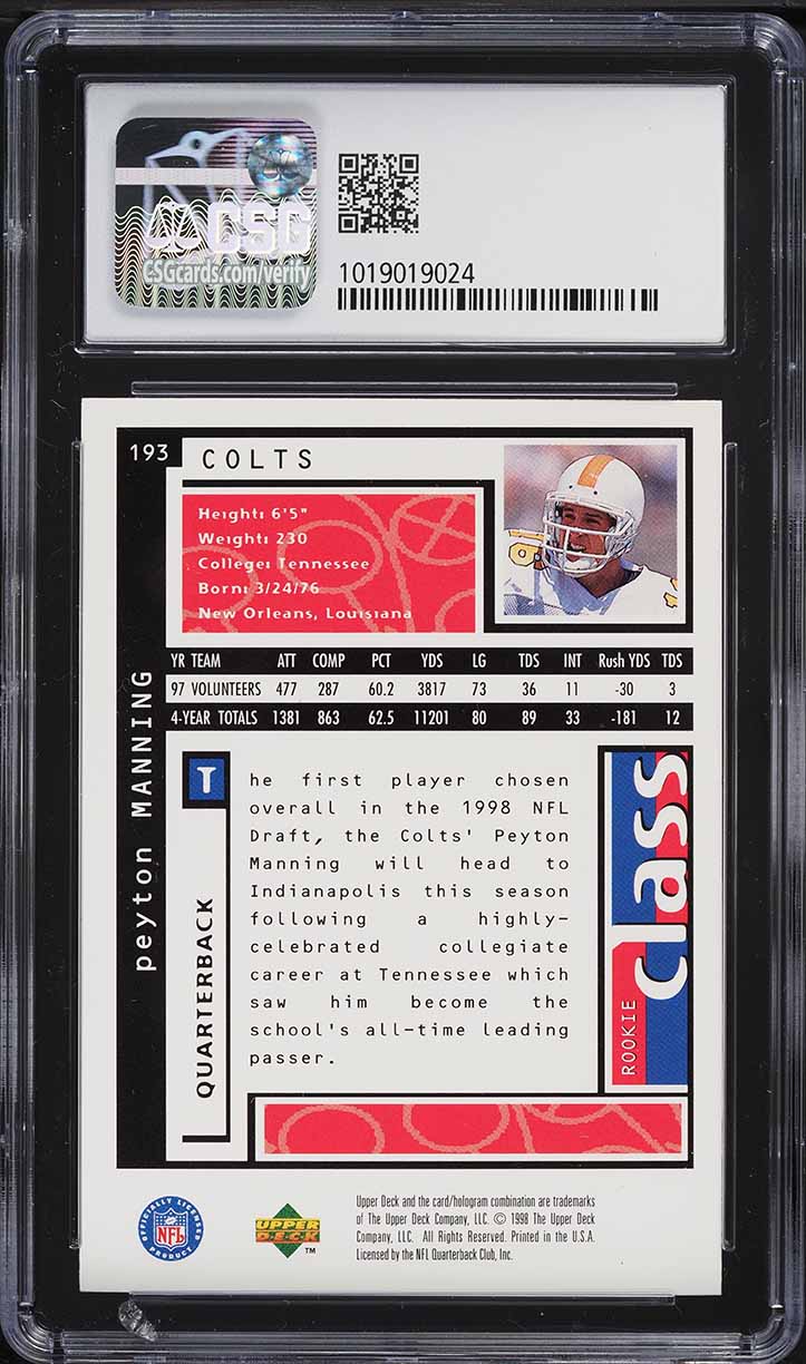 1998 Upper Deck Choice Peyton Manning ROOKIE #193 CSG 8.5 NM-MT+