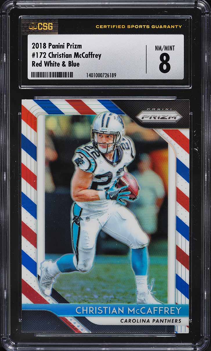 2018 Panini Prizm Red White Blue Christian McCaffrey #172 CSG 8 NM-MT