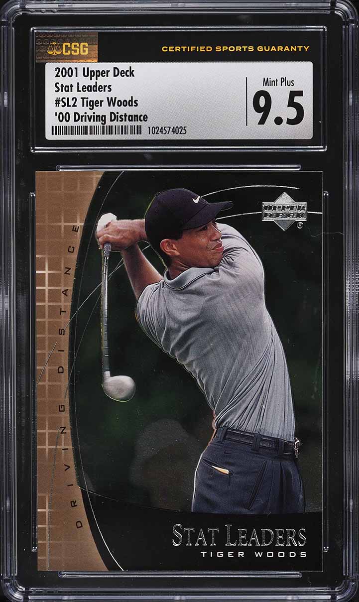 2001 Upper Deck Stat Leaders Tiger Woods ROOKIE #SL2 CSG 9.5 MINT+
