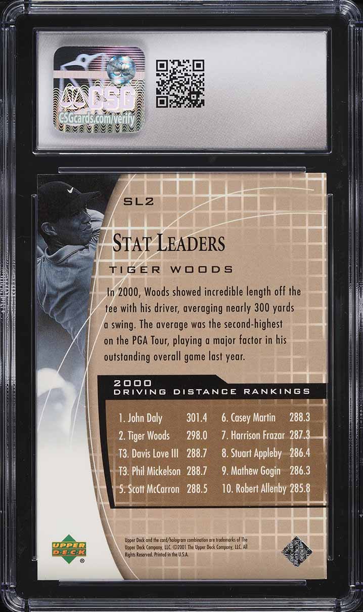 2001 Upper Deck Stat Leaders Tiger Woods ROOKIE #SL2 CSG 9.5 MINT+
