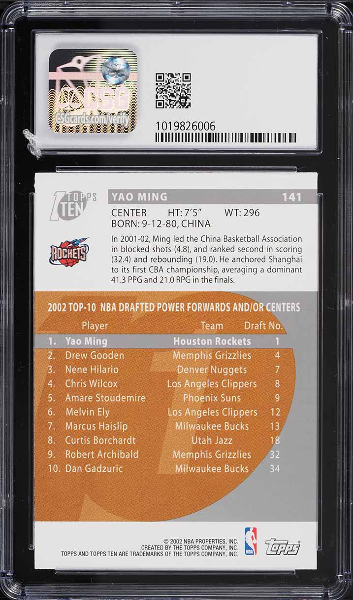 2002 Topps Ten Yao Ming ROOKIE #141 CSG 9 MINT