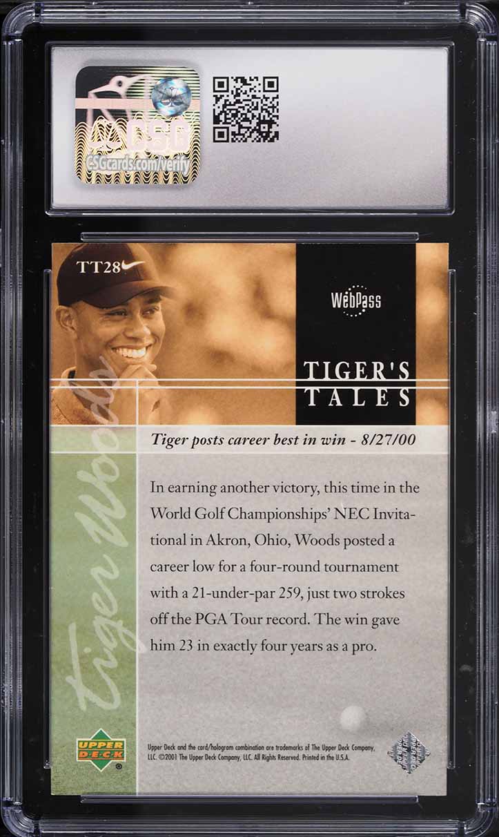 2001 Upper Deck Tiger's Tales Tiger Woods ROOKIE #TT28 CSG 9 MINT