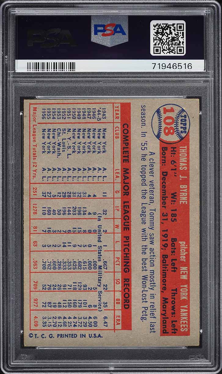 1957 Topps Tommy Byrne #108 PSA 4 VGEX