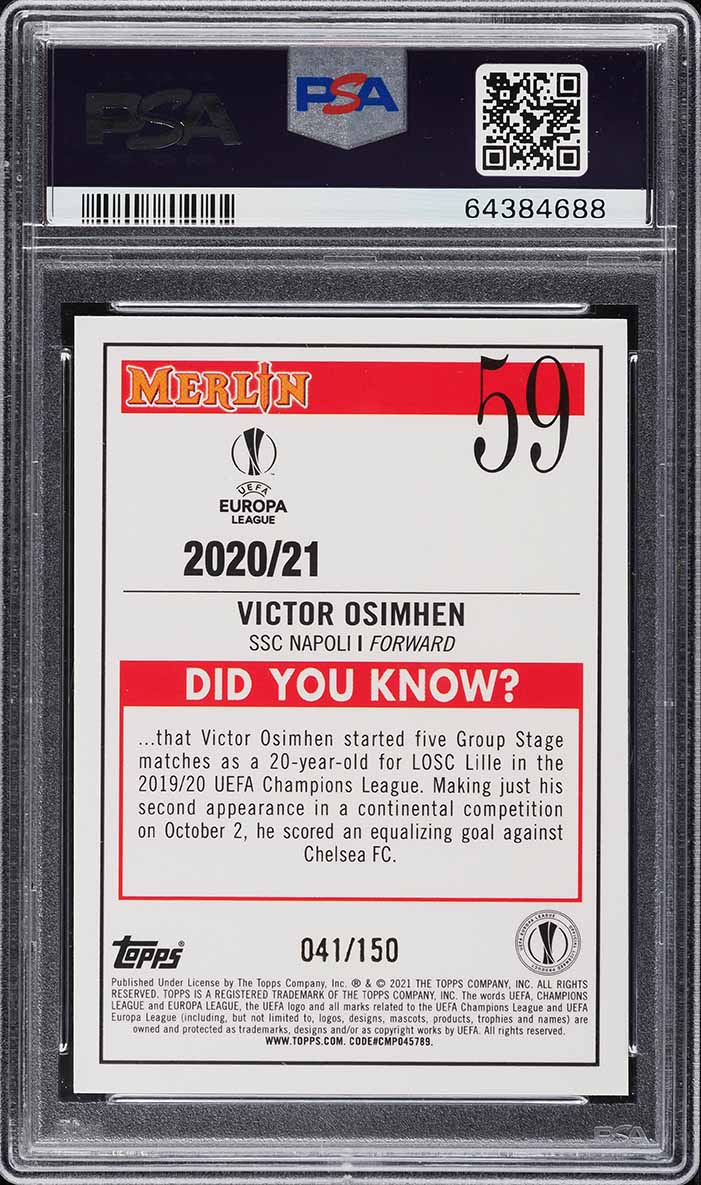 2020 Topps Merlin Chrome UEFA Speckle Refractor Victor Osimhen RC /150 PSA 10