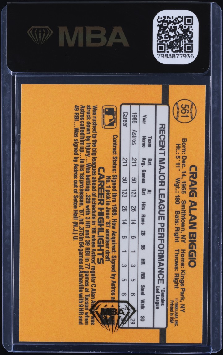 1989 Donruss Craig Biggio ROOKIE #561 MBA AUTH