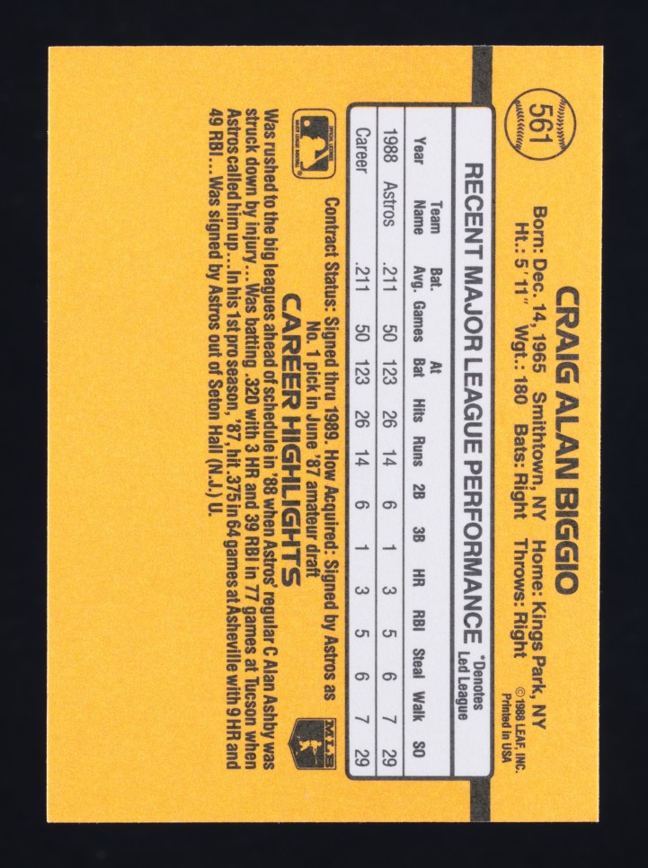 1989 Donruss Craig Biggio ROOKIE #561 MBA AUTH