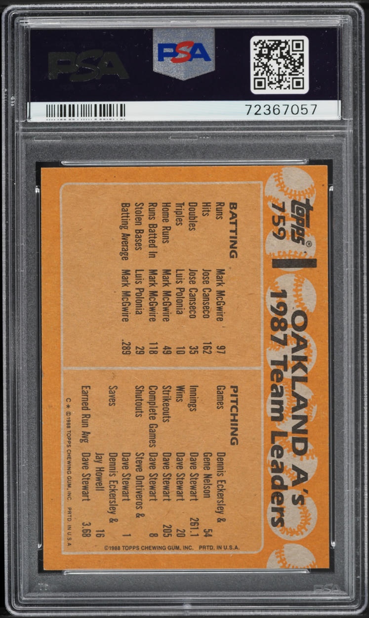 1988 Topps Jose Canseco & Mark McGwire A'S LDRS #759 PSA 8 NM-MT