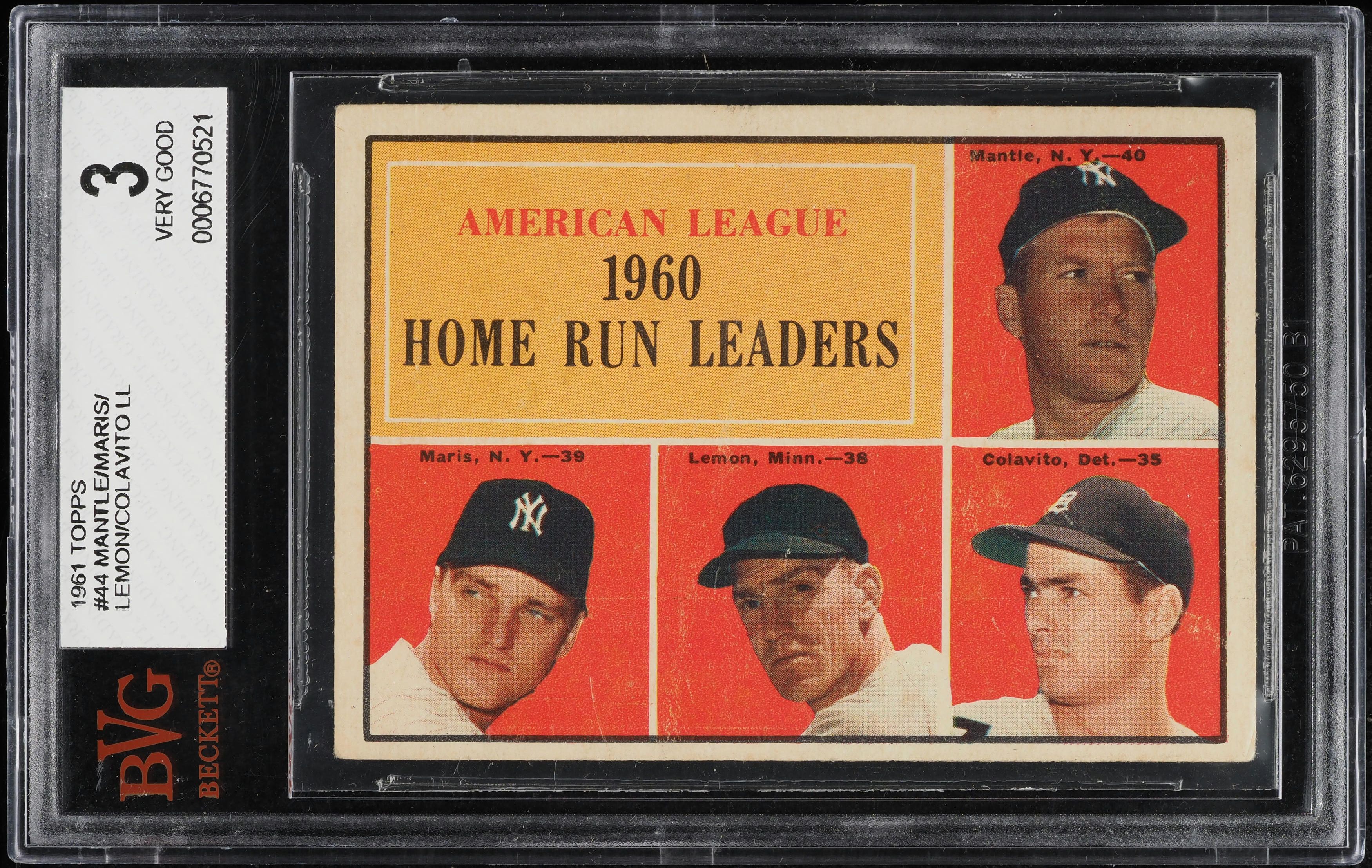 1961 Topps Mickey Mantle Roger Maris Rocky Colavito AL HR LDRS #44 BVG 3 VG