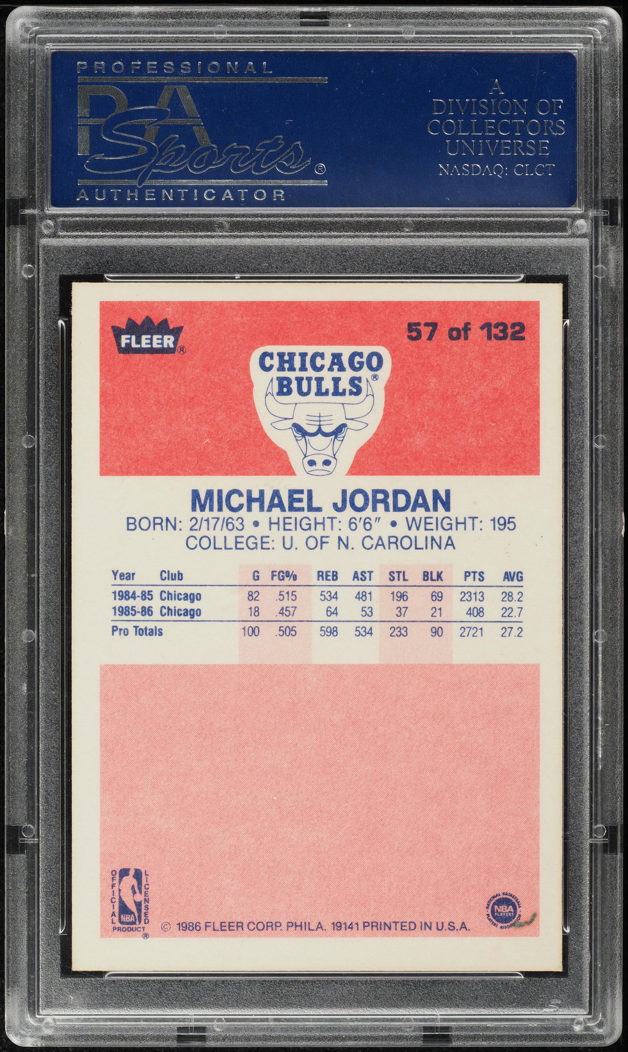 1986 Fleer Basketball Michael Jordan ROOKIE #57 PSA 6 EXMT on 