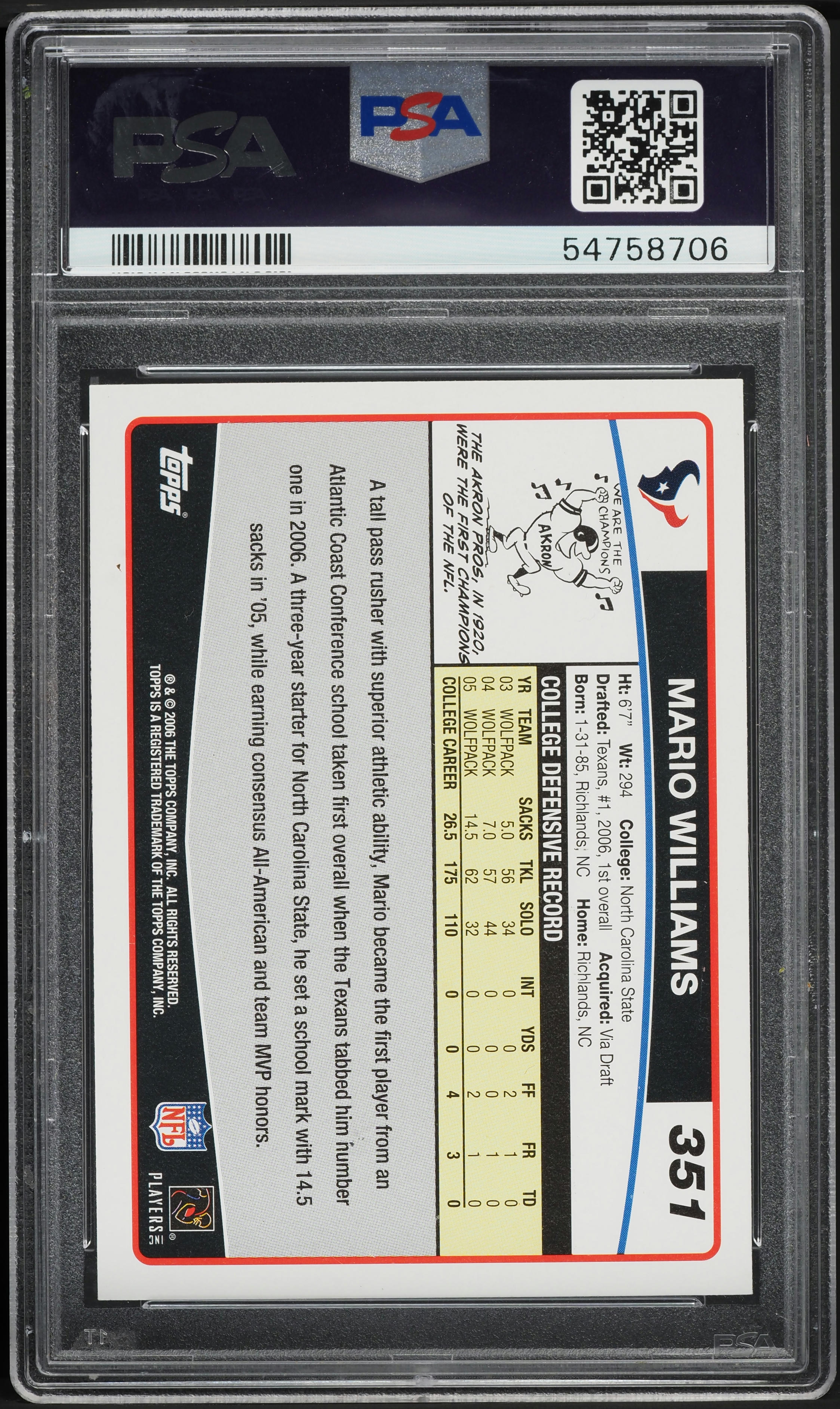 2006 Topps Football Mario Williams ROOKIE #351 PSA 10 GEM MINT