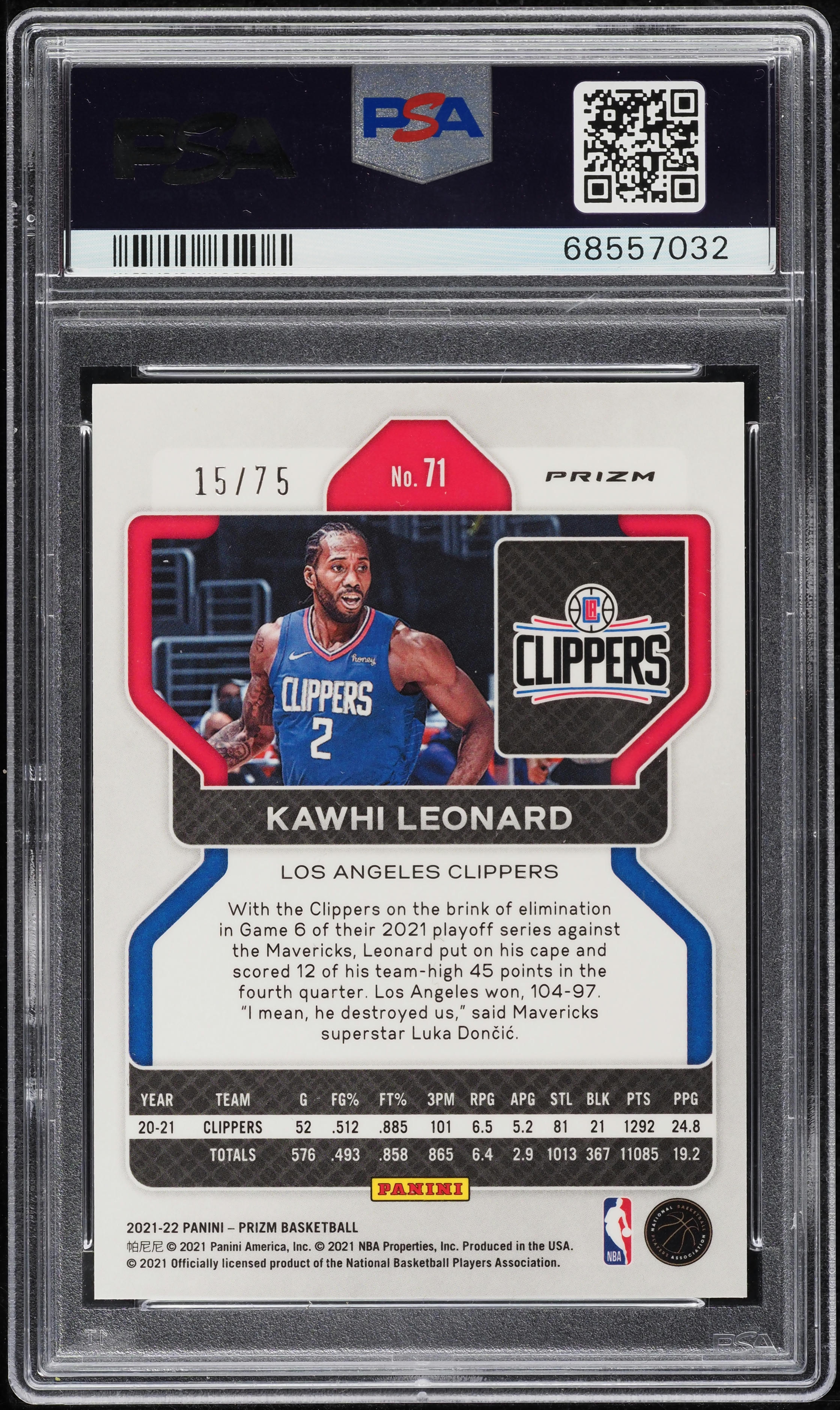 2021 Panini Prizm NBA 75th Diamond Kawhi Leonard /75 #71 PSA 9 MINT