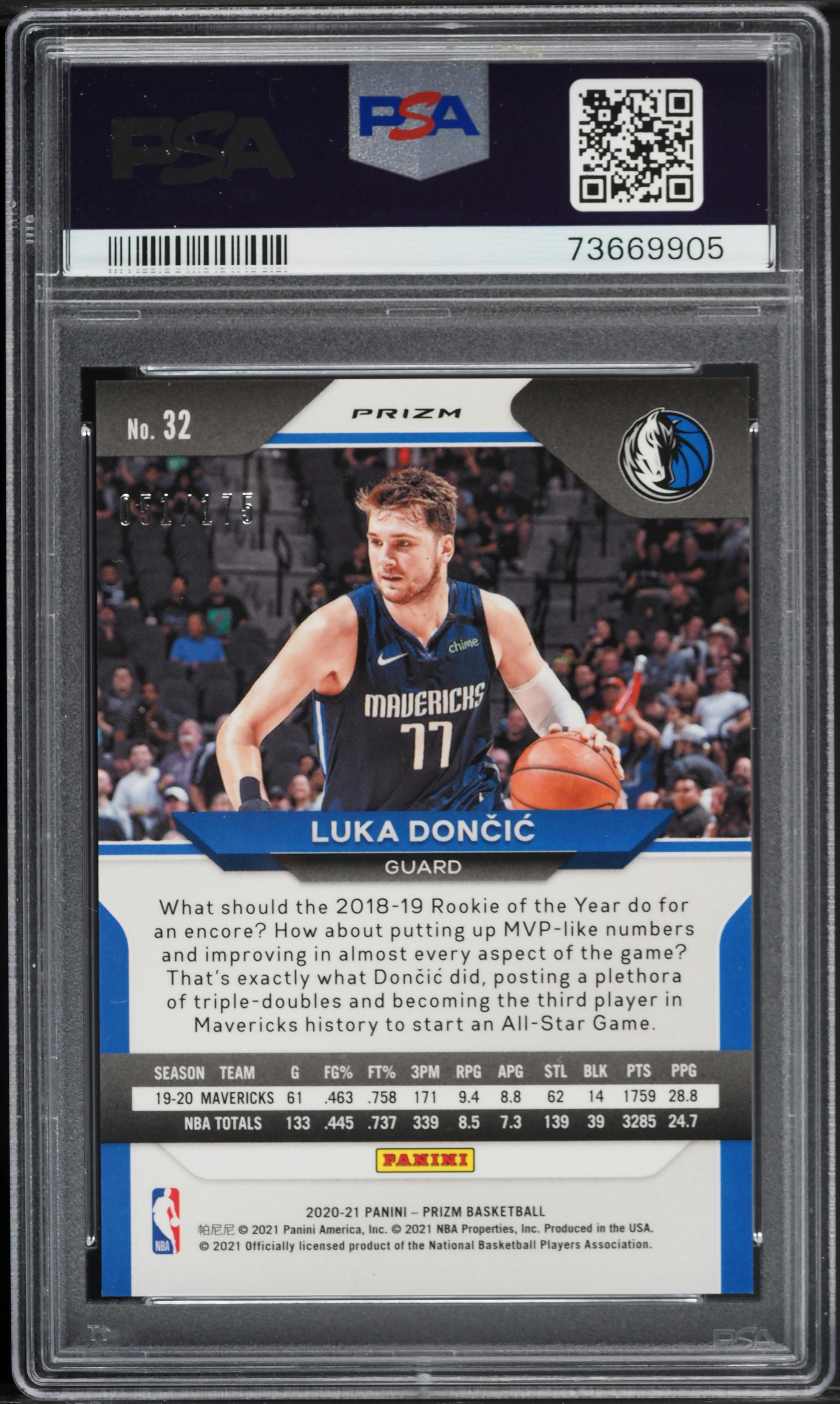 2020 Panini Prizm Fast Break Blue Luka Doncic /175 #32 PSA 9 MINT