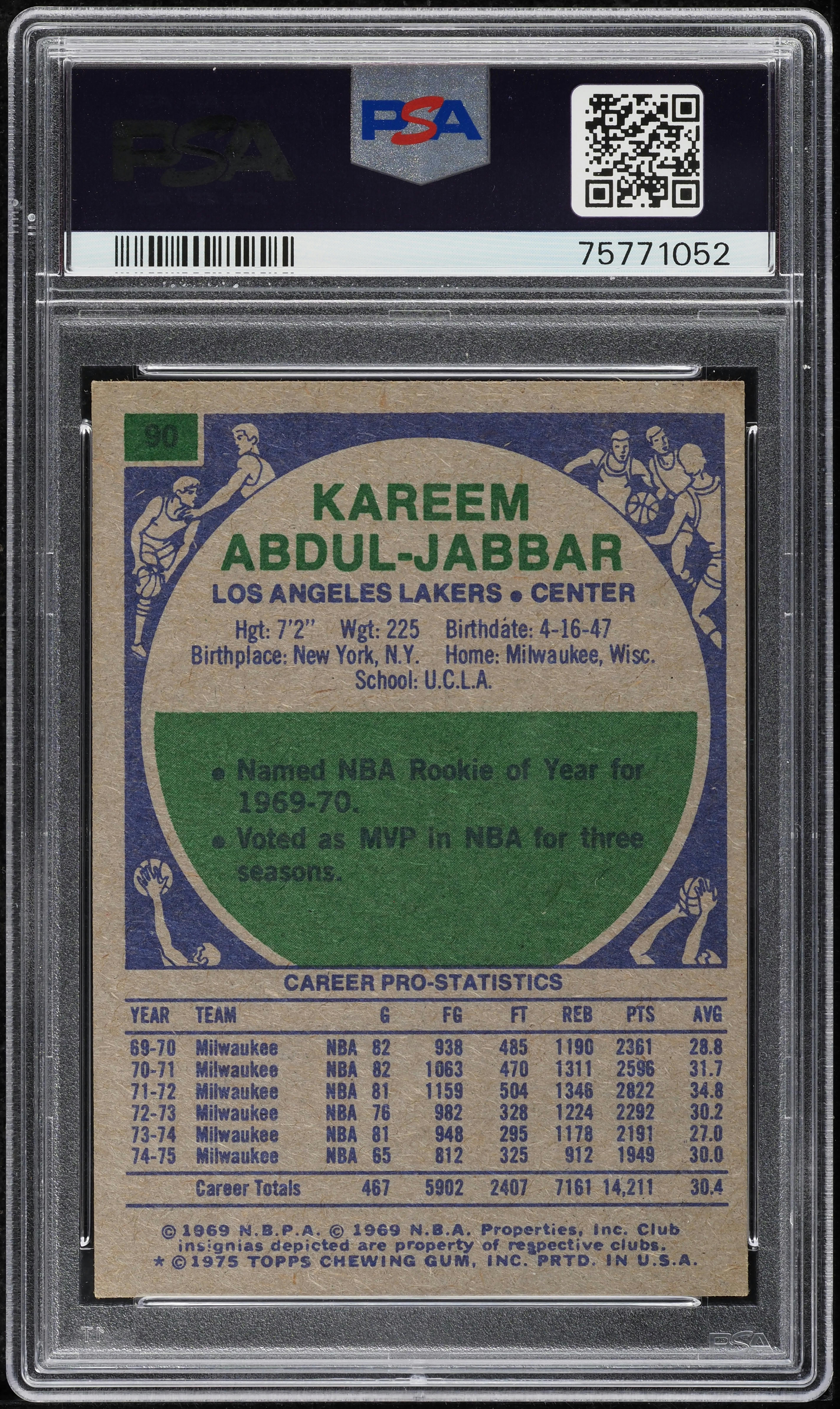 1975 Topps Basketball Kareem Abdul-Jabbar #90 PSA 8 NM-MT on