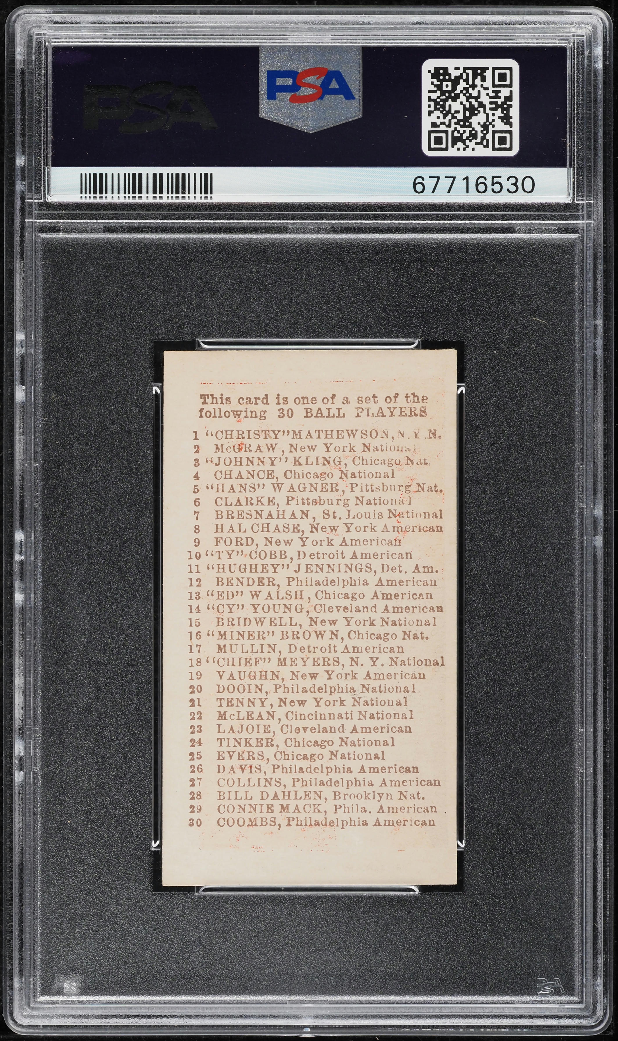 1910 E98 Set Of 30 John McGraw RED PSA 6 EXMT