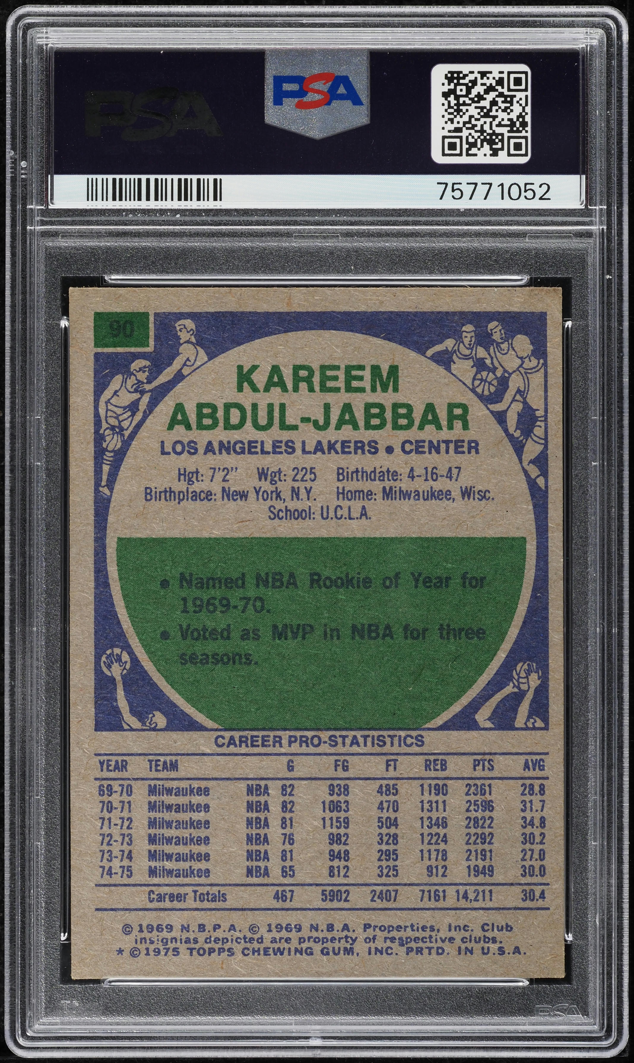 1975 Topps Basketball Kareem Abdul-Jabbar #90 PSA 8 NM-MT on