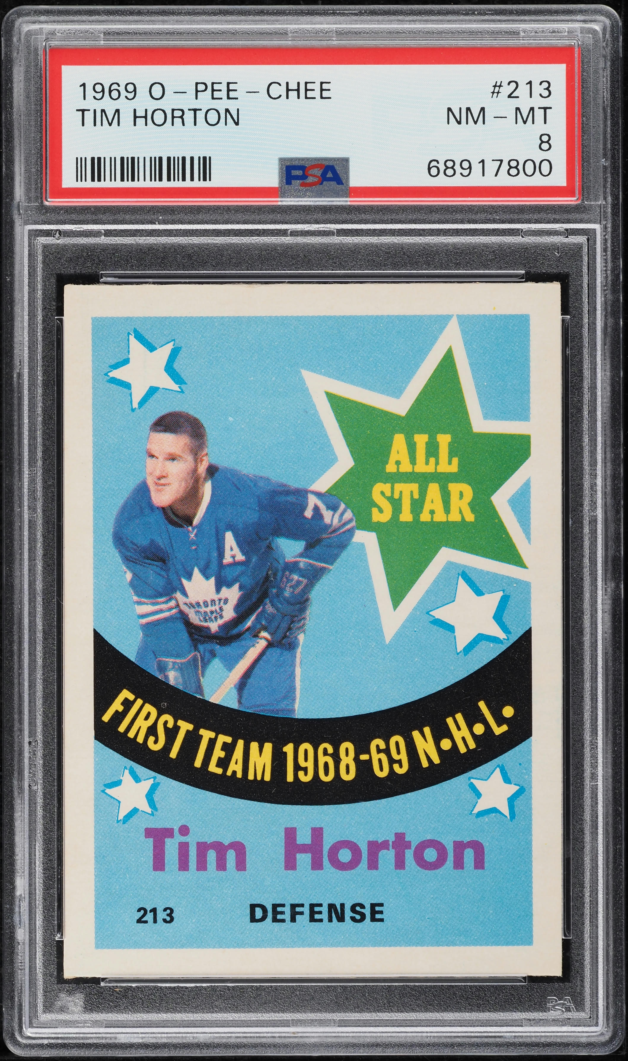 1969 O-Pee-Chee Hockey Tim Horton ALL-STAR #213 PSA 8 NM-MT