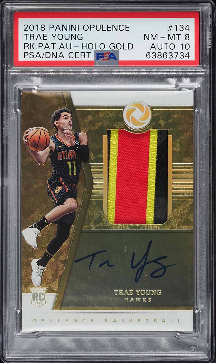 2018 Panini Opulence Gold Trae Young ROOKIE PATCH AUTO DNA 10 /10 #134 PSA 8