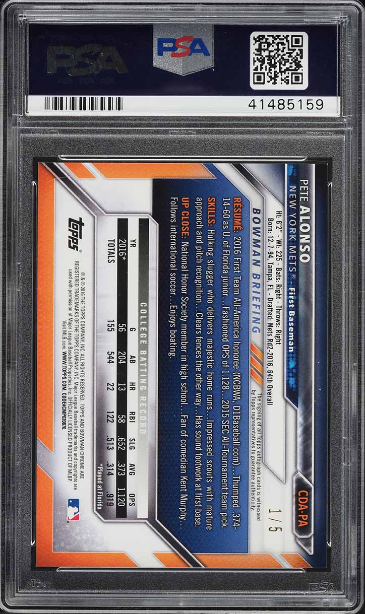 2016 Bowman Chrome Red Refractor Pete Alonso ROOKIE AUTO 1/5 #CDAPA PSA 9 MINT