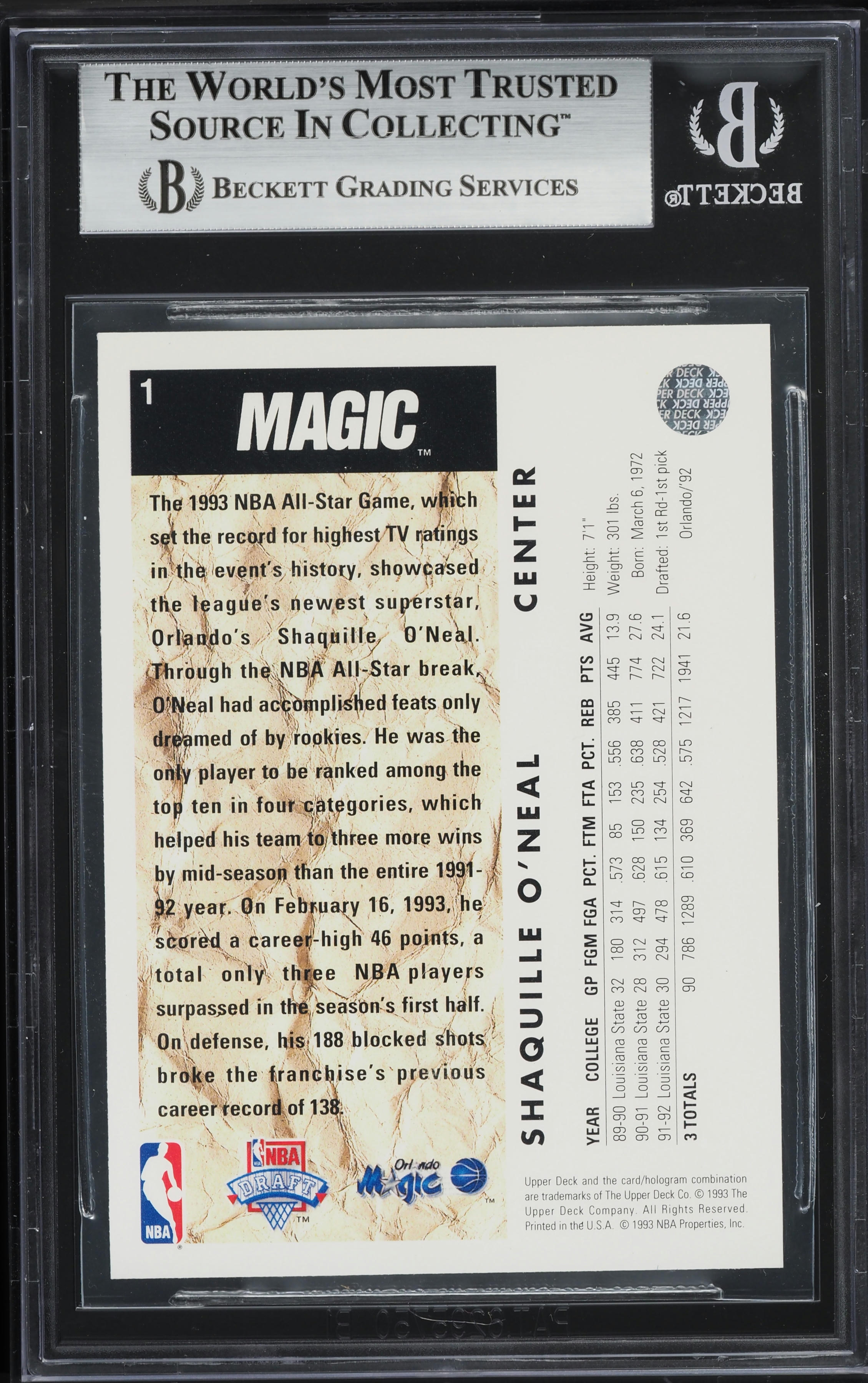 1992 Upper Deck First Draft Pick Shaquille O'Neal SP ROOKIE #1 BGS 9 MINT