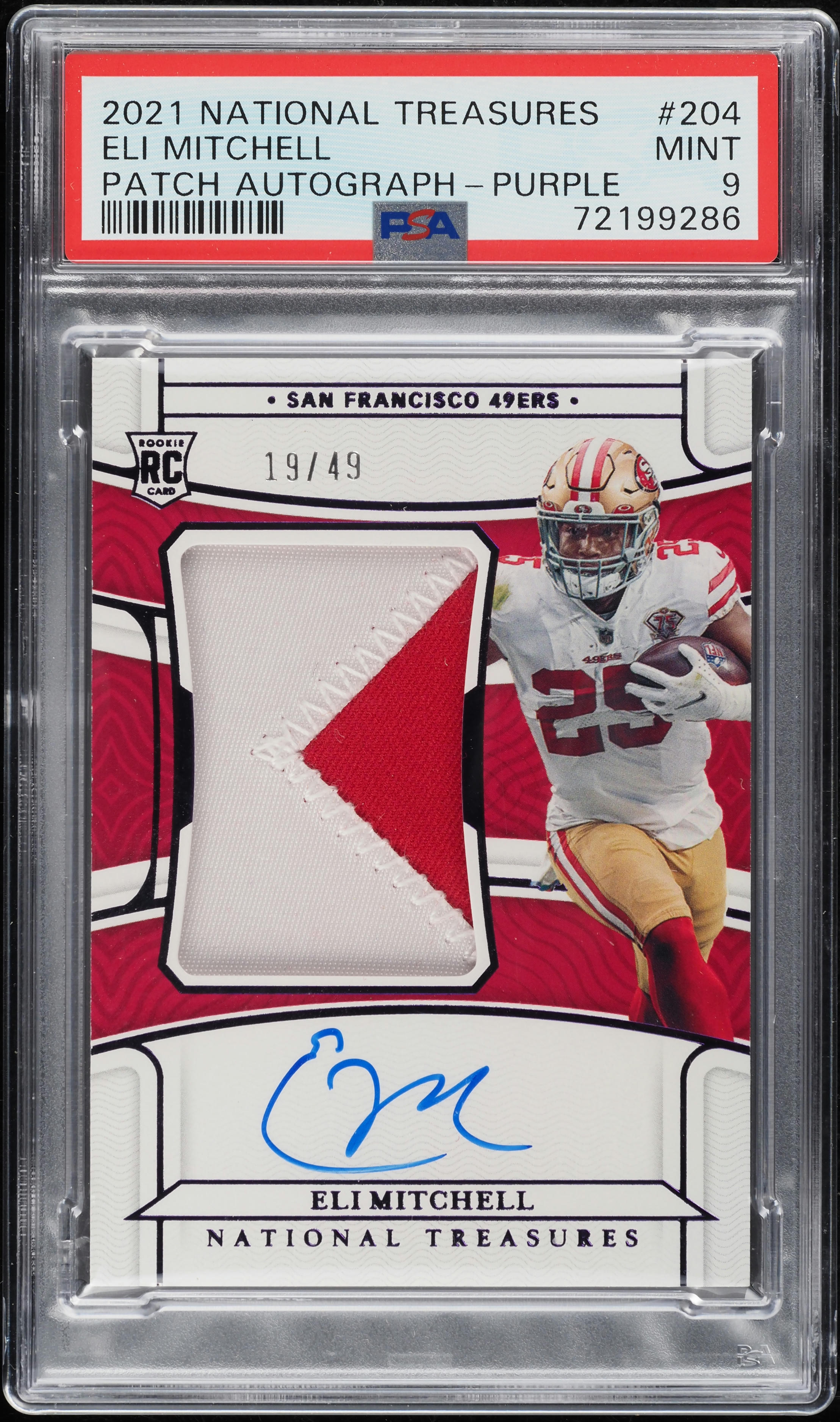 2021 National Treasures Purple Eli Mitchell ROOKIE PATCH AUTO /49 #204 PSA 9