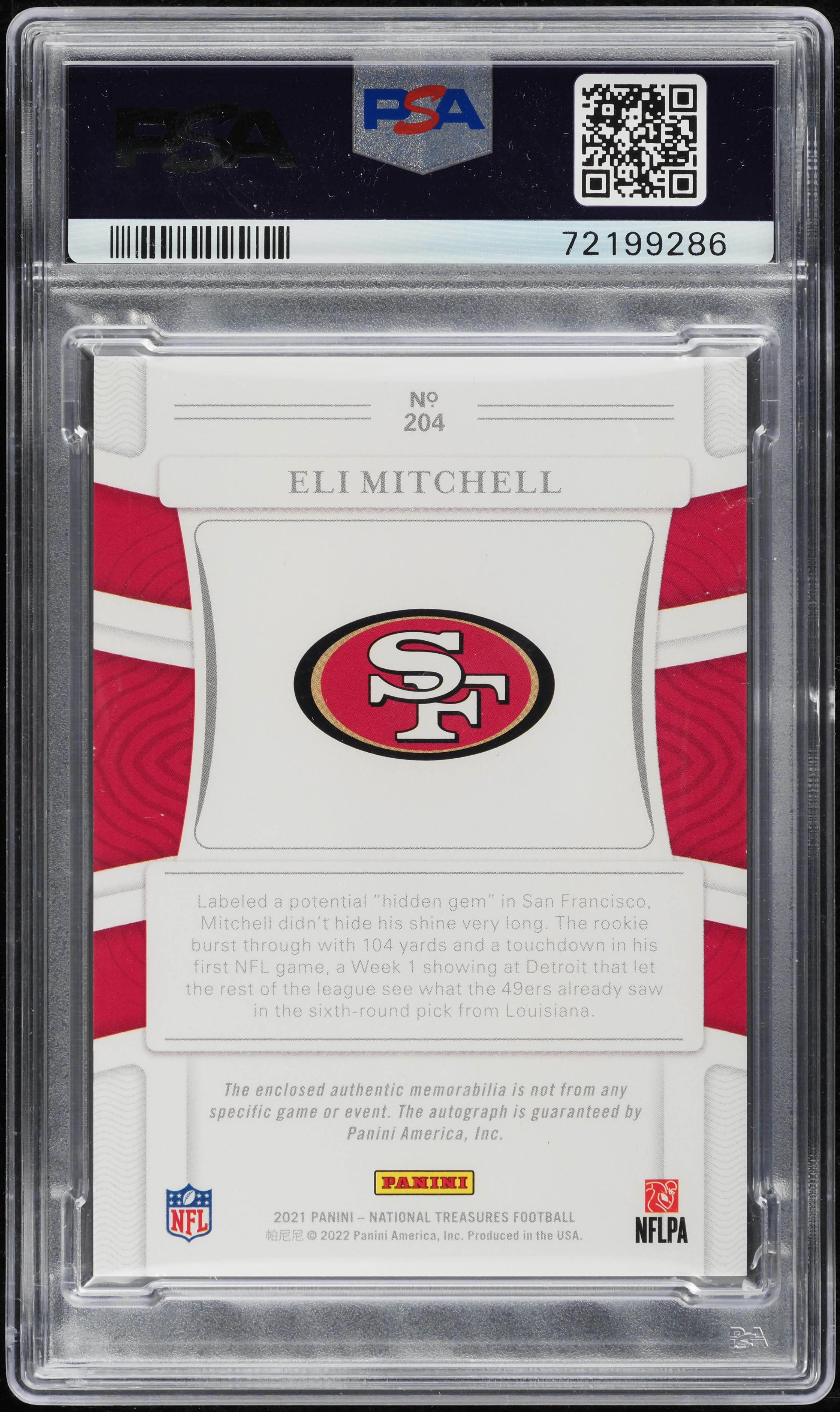 2021 National Treasures Purple Eli Mitchell ROOKIE PATCH AUTO /49 #204 PSA 9