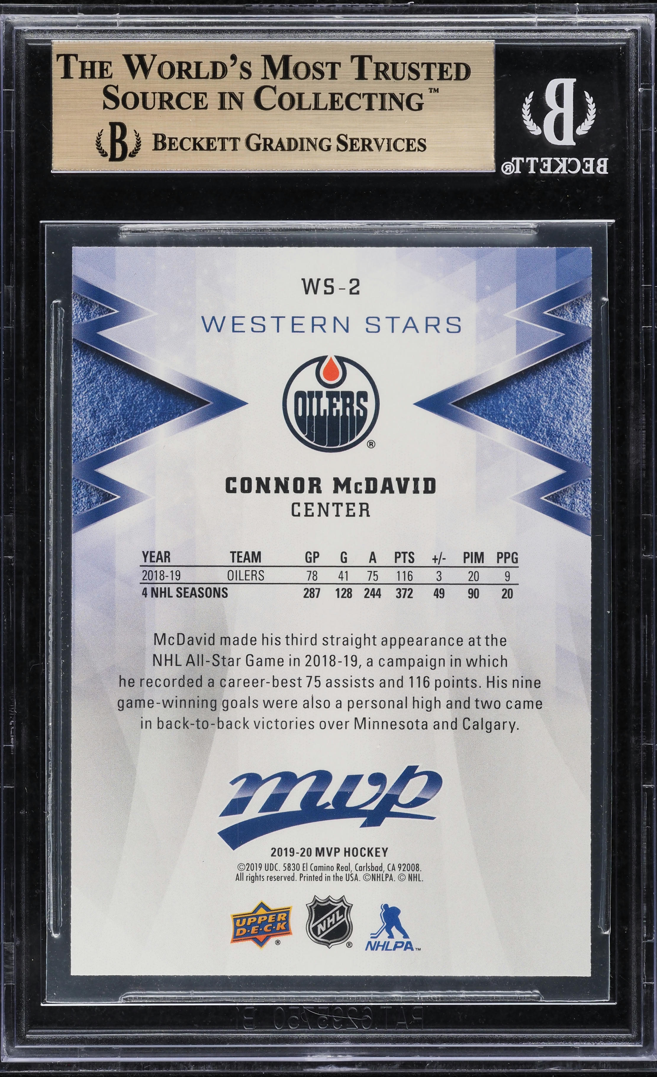2019 Upper Deck MVP Western Stars Connor McDavid #WS2 BGS 10 PRISTINE