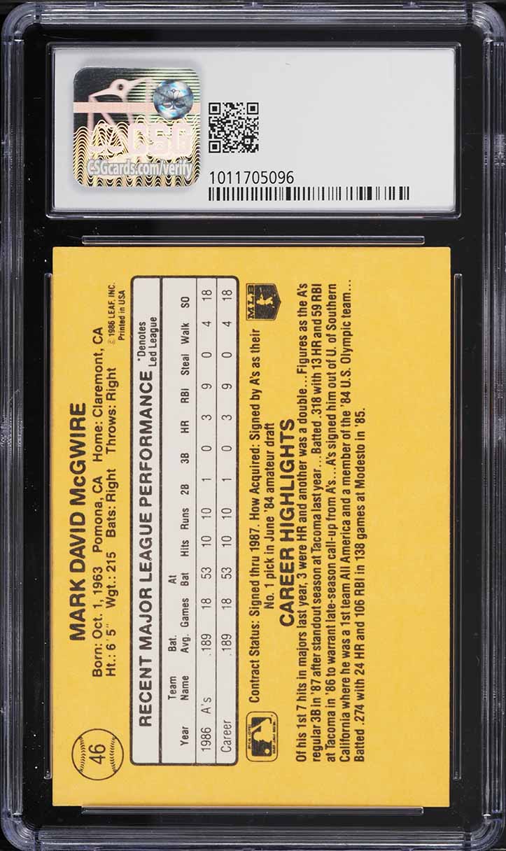 1987 Donruss Mark McGwire ROOKIE #46 CSG 8 NM-MT